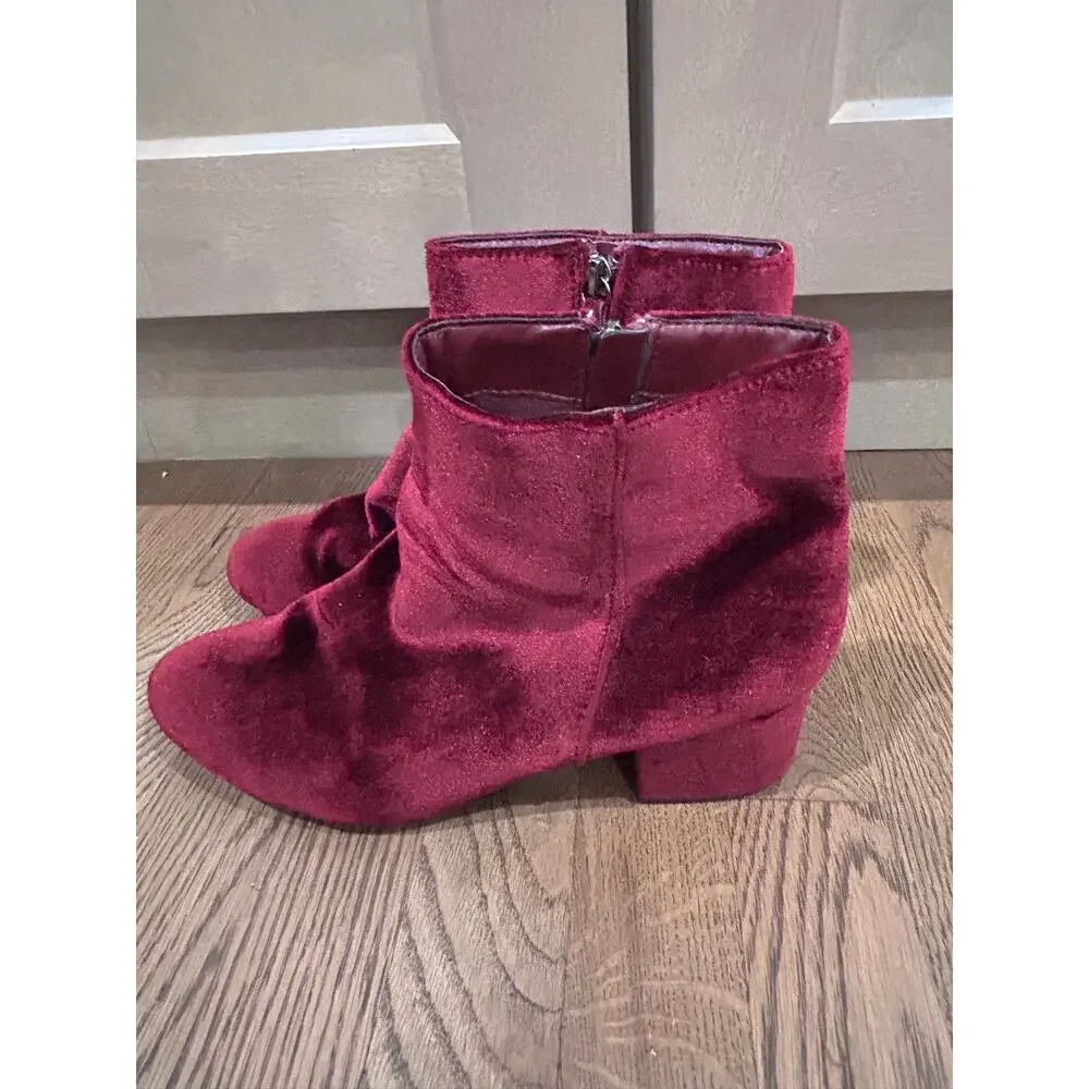 Burgundy Velvet Ankle Boots Low Block Heel Maroon Booties Fall Aesthetic 10 Cozy